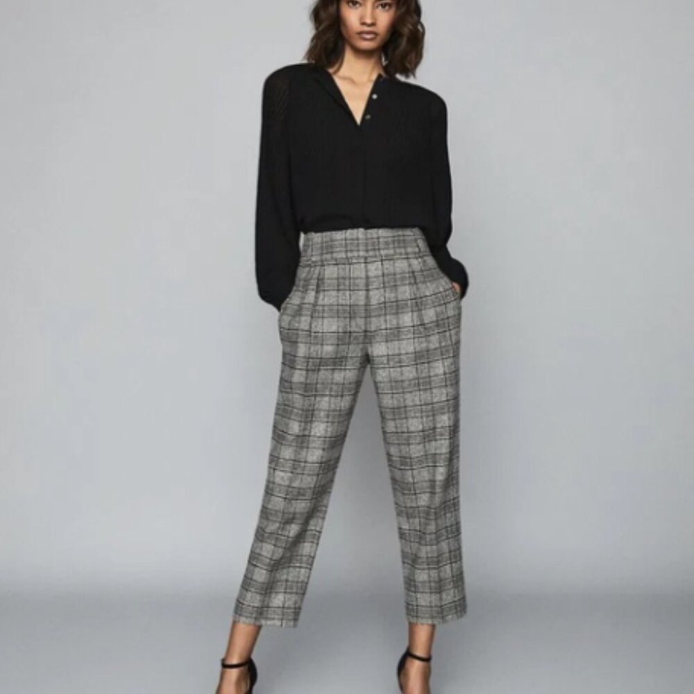 Reiss Black and White Plaid Wool Blend Trousers - US Size 8